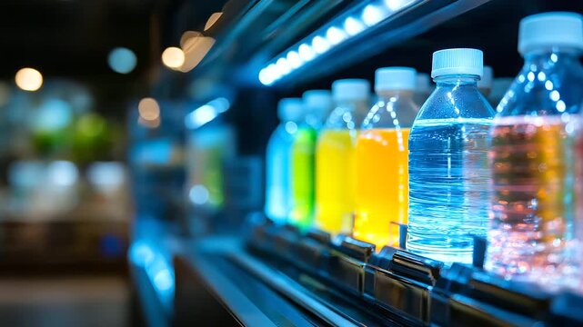 Futuristic vending machine filled with glowing drinks, illuminated beverage dispenser, neon-lit refreshment station, modern automated retail, sci-fi convenience concept, defocused