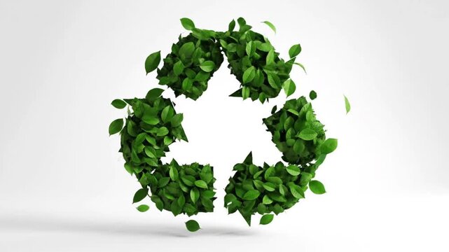 Recycling symbol made from green leaves forming smoothly in animation