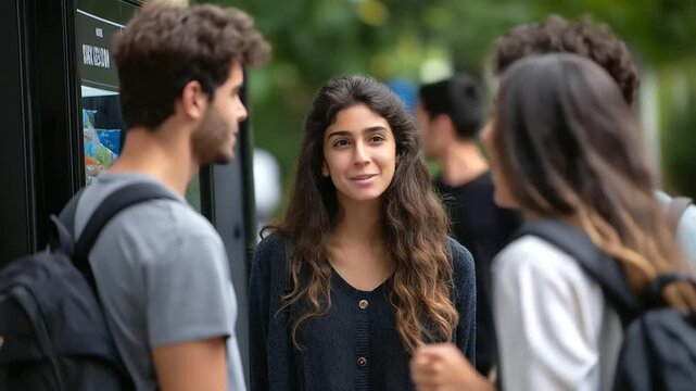 Friends debating snack choices by vending machine on campus, student refreshment decision, college campus scene, peer discussion moment, casual group gathering, faceless students