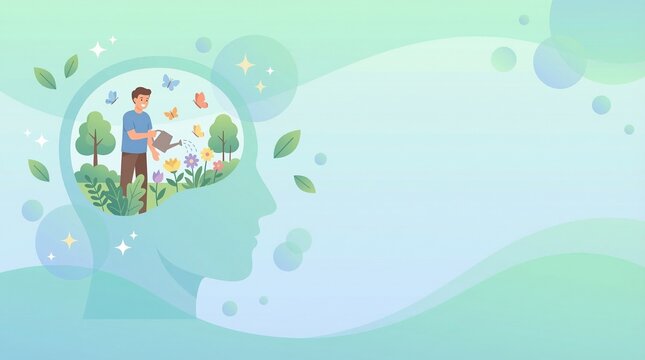 Cultivating inner peace and mental well-being through self-care and positive growth, depicted as a serene garden within the human mind, fostering emotional harmony