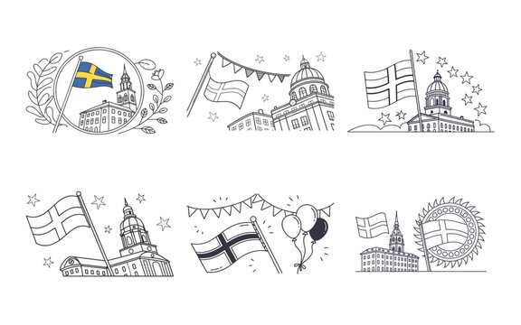 Swedish city landmarks and flags with festive decorations sweden swedish flag city buildings