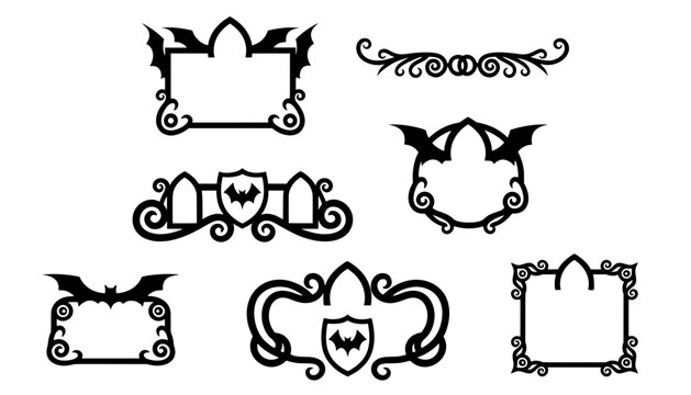 Collection of black spooky bat crests, gothic window frames, and swirl borders. Perfect vector silhouette elements for Halloween invitation graphics