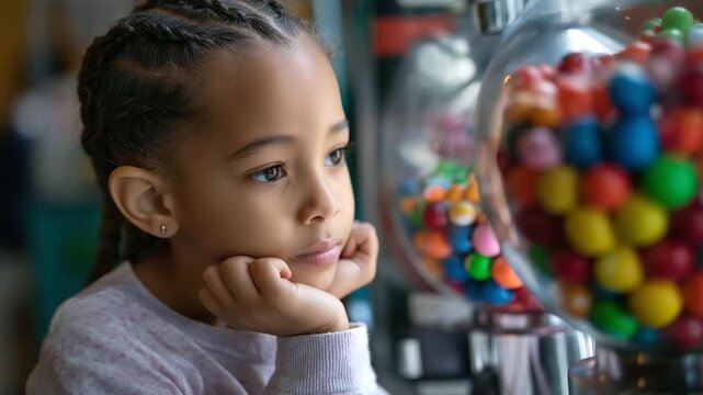Young girl with braids looking thoughtfully at candy dispenser filled with colorful candies, child contemplating sweet selection, vending machine decision, youth fascination