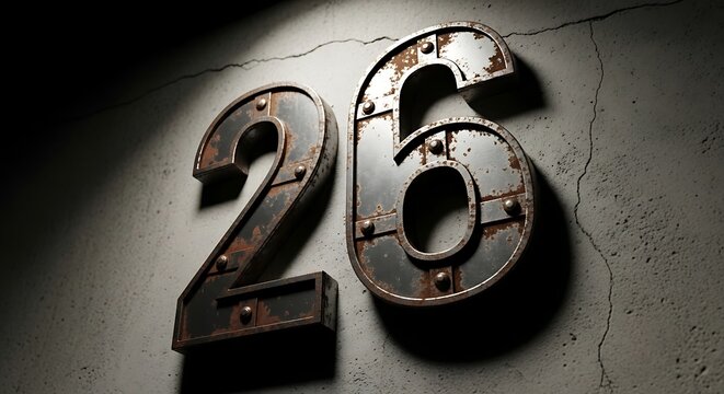 Rustic metal number twenty six displayed against a cracked textured wall background