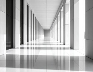 Fototapeta premium A sleek, long hallway with bright light filtering through vertical columns onto a glossy tiled floor