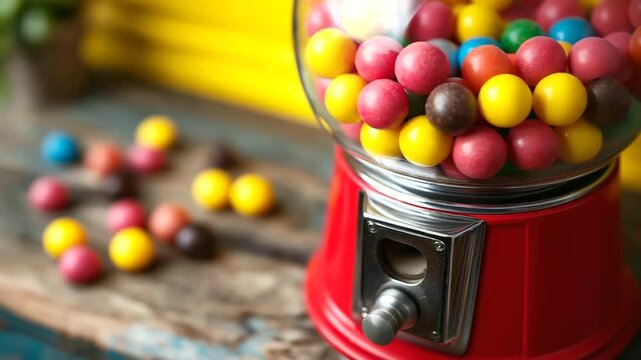 Red gumball machine filled with colorful gumballs, yellow background setting, vintage candy dispenser, nostalgic vending device, sweet treat machine, defocused background surface,
