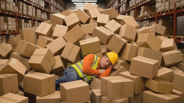 Exhausted warehouse worker sleeping on pile of cardboard boxes. Tired middle-aged man in safety vest and hard hat taking nap at work. Panning and tilting camera movement.