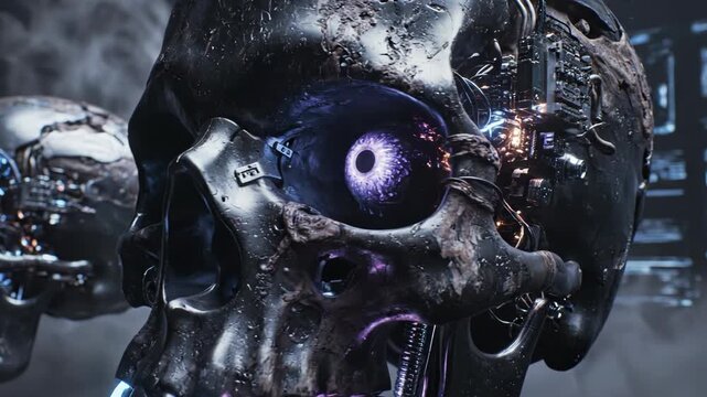 Futuristic metallic skulls with digital interface background