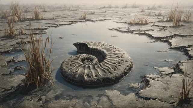 A weathered fossil rests in a puddle amid cracked earth and dry grasses in a muted, somber scene