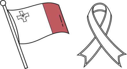 Fototapeta premium Maltese flag and white awareness ribbon malta flag white ribbon flag on pole