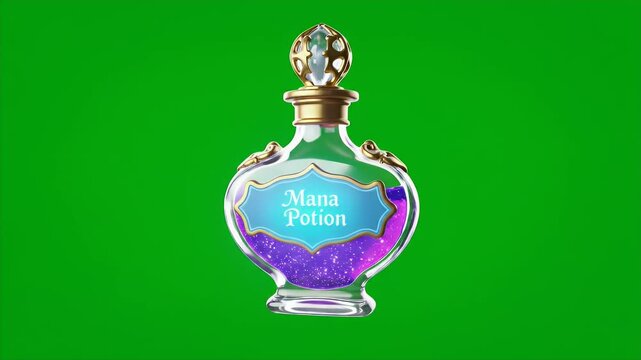 Magical Mana Potion Bottle Rotating Gently with Golden Cap and Intricate Details Isolated on a Vibrant Green Screen Background for Fantasy Game Development or Visual Effects