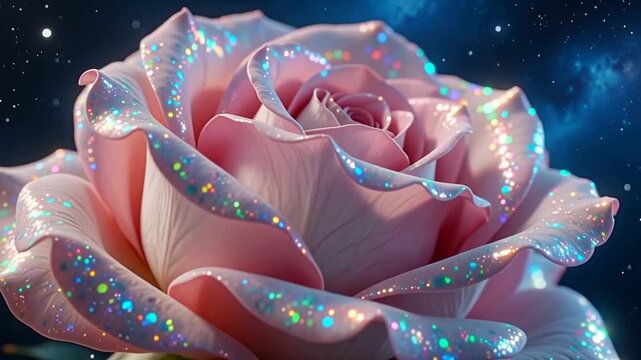 Close-up of a beautiful pink rose with sparkling glitter particles on delicate petals, floating in a dreamy cosmic background. Elegant romantic flower with magical shimmer, perfect for love, beauty, f