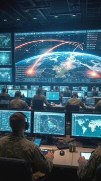 Military personnel monitoring global missile trajectories in high-tech command center. Static wide shot.