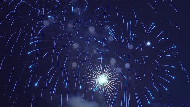 Colorful fireworks exploding in the night sky during a festive celebration. Bright blue and white fireworks bursts illuminate the dark sky with sparkling trails and smoke, symbolizing celebration, hol
