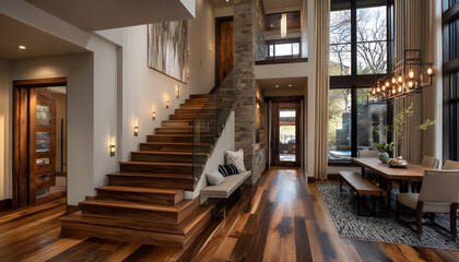Fototapeta premium Warm-toned stair hall in a luxury home with wood textures and large two-story curtain windows