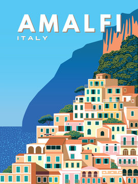 A romantic Italian summer landscape with a traditional small Mediterranean town on a mountainside and the blue sea in the background. Amalfi coast travel poster concept. Handmade drawing vector.