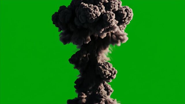 Massive Dark Smoke Plume Rising and Dissipating Against a Vivid Green Screen Background Ideal for Compositing and Visual Effects