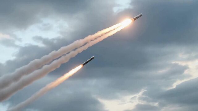 Naval destroyer launching multiple missiles during sea maneuvers. Warship firing projectiles with smoke trails against cloudy sky. Panning shot.