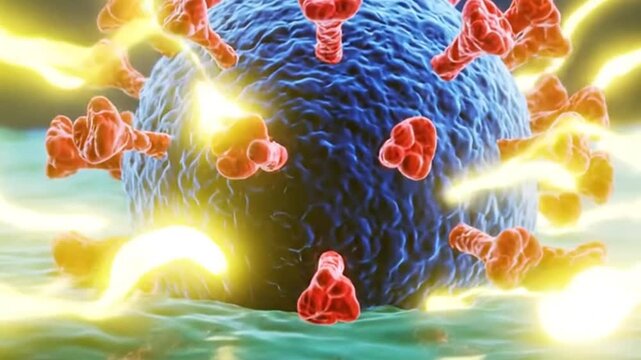 Microscopic 3D Rendering Of A Coronavirus Particle With Yellow Energy Pulses Against A Dark Blue Background