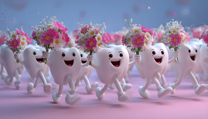 Obraz premium A parade of tooth characters dances with bouquets in a festive line. Energetic 3D animation for dental clinic group celebrations.