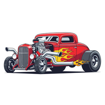 Vintage red hot rod car with flames and exposed engine, classic auto