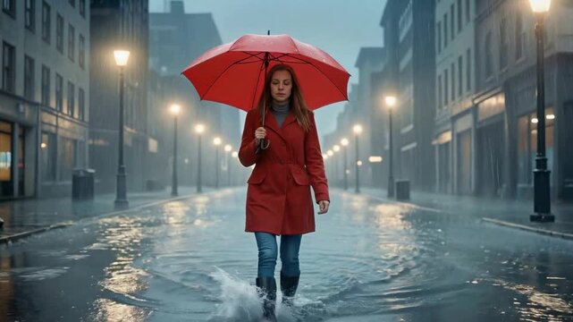 Young woman in red coat walking through flooded city street under umbrella. Tracking shot of pedestrian navigating heavy rain in urban environment.