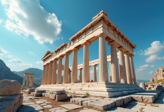Ancient Greek Temple Majestic Columns Under Clear Blue Sky Timeworn Alcove Elegance