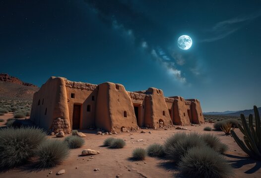 Ancient Pueblo Bonito Great House Ruins Desert Remnants Cacti Surrounding Starlit Night
