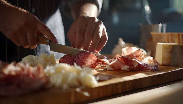 A man prepares a meat and cheese platter by placing ham, salami, and cheese on a wooden serving tray