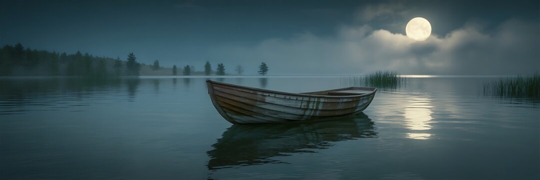 Old wooden boat floating calmly on a tranquil lake under a bright full moon at night