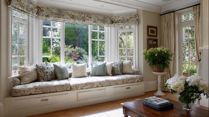 Fototapeta premium Cozy window seat with plants and flowers in a bright room