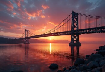 Fototapeta premium Elegant Steel Bridge Spanning Wide River Under Breathtaking Sunset Skies