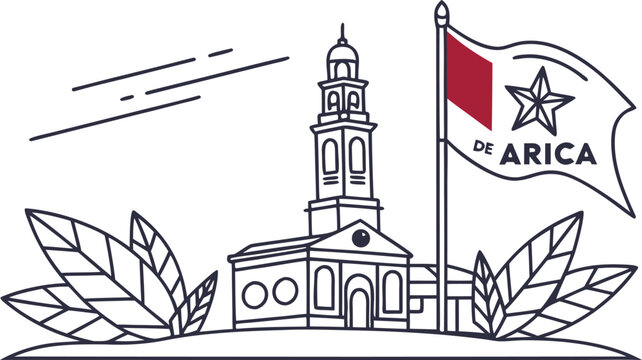 Battle of arica commemorative with church tower flag and leaves commemorative battle of arica