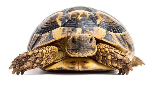 A tortoise stands, facing forward, showing its patterned shell and textured skin on a white background