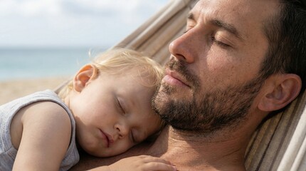 Fototapeta premium A handsome bearded father and his cute baby son relaxing together in a hammock on the beach. Peaceful family vacation, loving dad and child moment, serene summer lifestyle.