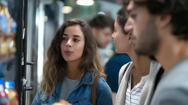 Friends debating snack choices by vending machine on campus, student refreshment decision, college campus scene, peer discussion moment, casual group gathering, faceless students