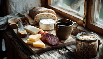 Fototapeta premium A rustic European breakfast spread with sausage, cheese, Camembert, and bread on a wooden board, accompanied by a cup of coffee on a windowsill