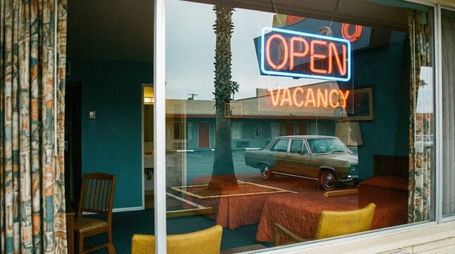 A view through a window into a retro motel room with a neon 'Open Vacancy' sign at dusk. Nostalgic road trip, vintage american travel, lonely atmosphere, mysterious roadside stop.