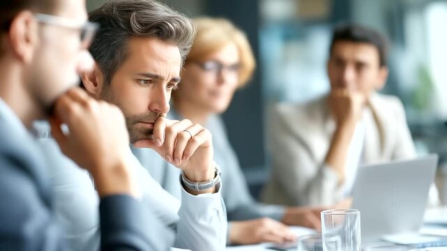 Business formal meeting conference discussion with coworkers, shareholders or clients concentrating, private ideas and data report analysis, businesspeople working to find