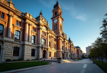 Renaissance Revival City Hall Clock Tower Majestic Facade Architectural Features Stunning Details Historically Inspired Urban Setting