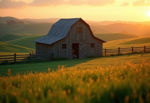 Rustic Barn Embraced by Emerald Fields at Golden Hour, Captivating Charm of Agricultural Serenity