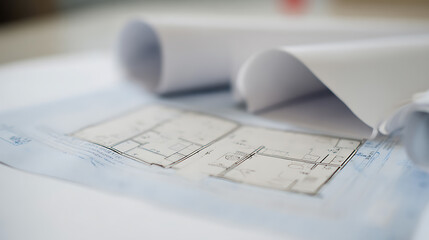 Architectural Blueprint Plan on a Table with Rolled Drawings, Illustrating Design, Construction, and Development Concepts