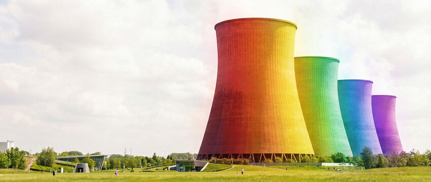 Colorful chimneys of a district heating plant (CHP), symbolizing urban renewal and social diversity. Creative art on industrial architecture, a metaphor for hope.