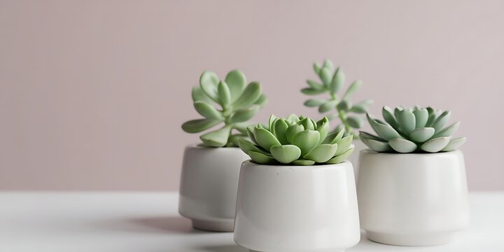 Three vibrant green succulent plants in minimalist white ceramic pots on a clean white table