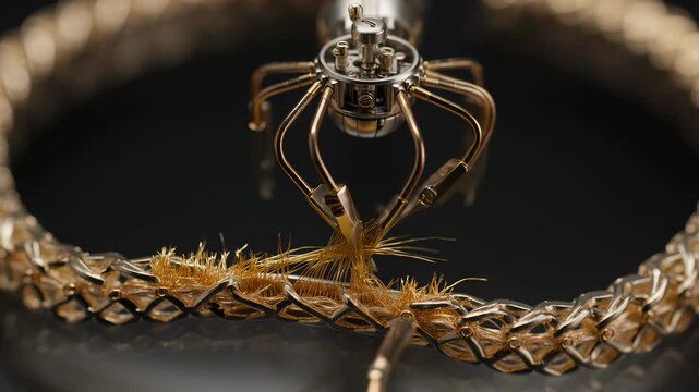 Macro view of an advanced precision robot with mechanical arms performing delicate assembly on a complex gold woven structure with fine metallic fibers, depicting high-tech engineering.
