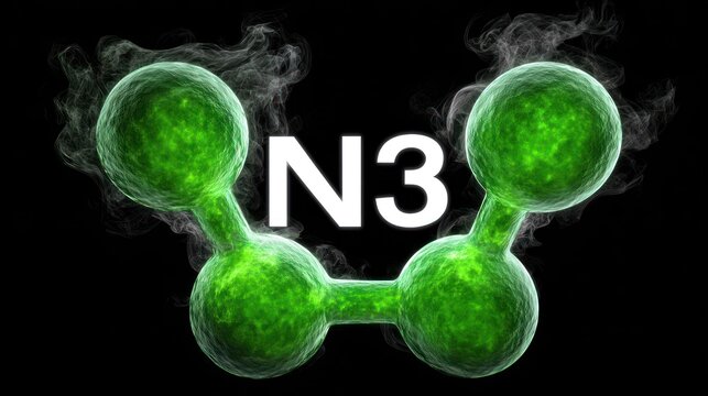 Three green spheres connected by bonds represent a chemical structure labeled with alphanumeric characters against a dark background.