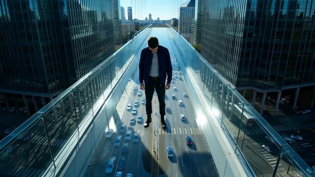A young man standing on a transparent glass skybridge high above a busy city street with traffic below, surrounded by modern reflective skyscrapers under a clear blue sky.
