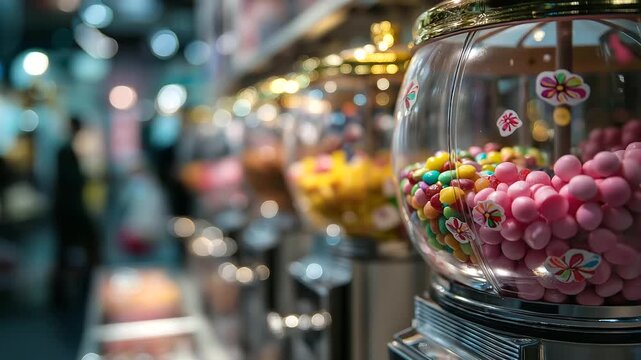 Colorful candy dispensers with decorative motifs, filled with various sweets in playful display, multiple sweet machines, confectionery vending units, candy selection array,