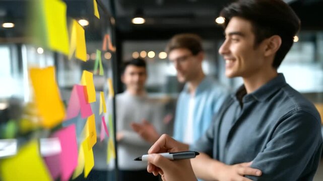 Creative business meeting brainstorming ideas, marketing team staff standing and discussing solutions for new project, startup business ideas concept, problem-solving