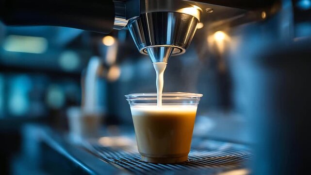 Milk whipped for cappuccino preparation, making coffee by machine into paper cup, latte coming out from automated coffeemaker, beverage drink for breakfast, vending machine